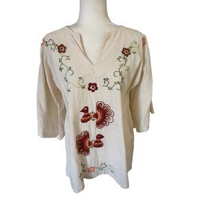 Vintage Mexican Latin Cotton Embroidered Blouse Shirt Tunic Top Needlework Boho